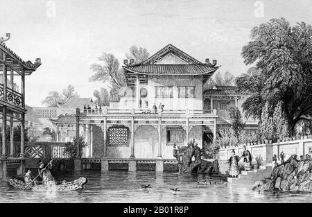 China/Vereinigtes Königreich: "Fountain Court in Conseequa's House, Kanton". Stich von Thomas Allom (13. März 1804 - 21. Oktober 1872), 1843. Thomas Allom war ein englischer Architekt, Künstler und topographischer Illustrator. Er war Gründungsmitglied des Royal Institute of British Architects (RIBA). Er entwarf viele Gebäude in London, darunter die Kirche St. Peter's und Teile des eleganten Ladbroke Estate in Notting Hill. Er arbeitete auch mit Sir Charles Barry an zahlreichen Projekten, vor allem an den Houses of Parliament, und ist auch bekannt für seine zahlreichen topographischen Werke. Stockfoto