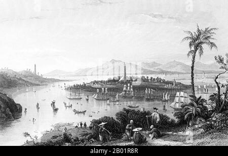 China/Vereinigtes Königreich: "Whampoa from Dane's Island". Stich von Thomas Allom (13. März 1804 - 21. Oktober 1872), 1858. Thomas Allom war ein englischer Architekt, Künstler und topographischer Illustrator. Er war Gründungsmitglied des Royal Institute of British Architects (RIBA). Er entwarf viele Gebäude in London, darunter die Kirche St. Peter's und Teile des eleganten Ladbroke Estate in Notting Hill. Er arbeitete auch mit Sir Charles Barry an zahlreichen Projekten, vor allem an den Houses of Parliament, und ist auch bekannt für seine zahlreichen topographischen Werke. Stockfoto