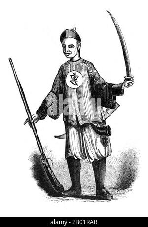 China/Vereinigtes Königreich: "Chinesischer Schwertkämpfer". Holzstich von E. T. Wigan, 1844. Der erste Anglo-Chinesische Krieg (1839–1842), im Volksmund als erster Opiumkrieg oder einfach Opiumkrieg bekannt, wurde zwischen Großbritannien und der Qing-Dynastie wegen ihrer widersprüchlichen Ansichten über diplomatische Beziehungen, Handel und Justizverwaltung geführt. Chinesische Beamte wollten verhindern, was als Abfluss von Silber wahrgenommen wurde, und die Verbreitung von Opium kontrollieren und konfiszierten Opiumvorräte von britischen Händlern. Stockfoto