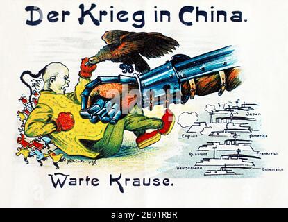 China/Deutschland: Deutsche Propagandakarte aus der Boxeraufstand, die die alliierte Flotte zeigt, die das kaiserliche China um 1900 zerquetscht. Die Boxer Rebellion, auch bekannt als Boxeraufstand oder Yihetuan-Bewegung, war eine proto-nationalistische Bewegung der Righteous Harmony Society in China zwischen 1898 und 1901, die sich gegen den ausländischen Imperialismus und das Christentum wandte. Der Aufstand fand als Reaktion auf ausländische Einflusssphären in China statt, mit Beschwerden, die von Opiumhändlern, politischer Invasion, wirtschaftlicher Manipulation bis hin zu missionarischer Evangelisation reichten. Stockfoto