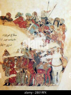 Irak: Ein Miniaturbild von Yahya ibn Mahmud al-Wasiti, 1237 n. Chr. Yahyâ ibn Mahmûd al-Wâsitî war ein arabischer islamischer Künstler aus dem 13. Jahrhundert. Al-Wasiti wurde in Wasit im südlichen Irak geboren. Er war bekannt für seine Illustrationen des Maqam von al-Hariri. Maqāma (wörtlich „Versammlungen“) sind ein (ursprünglich) arabisches literarisches Genre der Reimprosa mit Gedichtabständen, in denen rhetorische Extravaganz auffallend ist. Der Autor Badī al-Zaman al-Hamadhāni aus dem 10. Jahrhundert soll die Form erfunden haben, die im nächsten Jahrhundert von al-Hariri von Basra erweitert wurde. Stockfoto