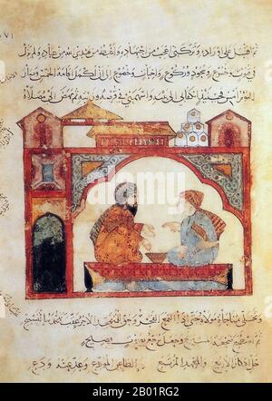 Irak: Zwei Männer im Gespräch. Miniaturgemälde von Yahya ibn Mahmud al-Wasiti, 1237 n. Chr. Yahyâ ibn Mahmûd al-Wâsitî war ein arabischer islamischer Künstler aus dem 13. Jahrhundert. Al-Wasiti wurde in Wasit im südlichen Irak geboren. Er war bekannt für seine Illustrationen des Maqam von al-Hariri. Maqāma (wörtlich „Versammlungen“) sind ein (ursprünglich) arabisches literarisches Genre der Reimprosa mit Gedichtabständen, in denen rhetorische Extravaganz auffallend ist. Der Autor Badī al-Zaman al-Hamadhāni aus dem 10. Jahrhundert soll die Form erfunden haben, die im nächsten Jahrhundert von al-Hariri von Basra erweitert wurde. Stockfoto