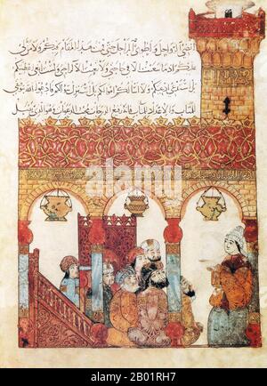 Irak: Abu Zayd in der Moschee von Basra. Miniaturgemälde von Yahya ibn Mahmud al-Wasiti, 1237 n. Chr. Yahyâ ibn Mahmûd al-Wâsitî war ein arabischer islamischer Künstler aus dem 13. Jahrhundert. Al-Wasiti wurde in Wasit im südlichen Irak geboren. Er war bekannt für seine Illustrationen des Maqam von al-Hariri. Maqāma (wörtlich „Versammlungen“) sind ein (ursprünglich) arabisches literarisches Genre der Reimprosa mit Gedichtabständen, in denen rhetorische Extravaganz auffallend ist. Der Autor Badī al-Zaman al-Hamadhāni aus dem 10. Jahrhundert soll die Form erfunden haben, die im nächsten Jahrhundert von al-Hariri von Basra erweitert wurde. Stockfoto