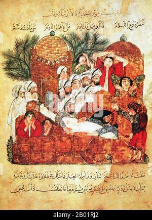 Irak: Eine Beerdigungsszene. Miniaturgemälde von Yahya ibn Mahmud al-Wasiti, 1237 n. Chr. Yahyâ ibn Mahmûd al-Wâsitî war ein arabischer islamischer Künstler aus dem 13. Jahrhundert. Al-Wasiti wurde in Wasit im südlichen Irak geboren. Er war bekannt für seine Illustrationen des Maqam von al-Hariri. Maqāma (wörtlich „Versammlungen“) sind ein (ursprünglich) arabisches literarisches Genre der Reimprosa mit Gedichtabständen, in denen rhetorische Extravaganz auffallend ist. Der Autor Badī al-Zaman al-Hamadhāni aus dem 10. Jahrhundert soll die Form erfunden haben, die im nächsten Jahrhundert von al-Hariri von Basra erweitert wurde. Stockfoto