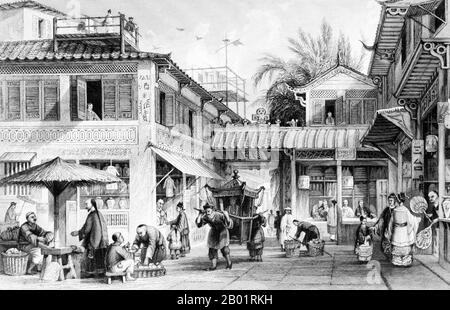 China: "Eine Straße in Kanton". Stich von Thomas Allom (13. März 1804 - 21. Oktober 1872), um 1845. Thomas Allom war ein englischer Architekt, Künstler und topographischer Illustrator. Er war Gründungsmitglied des Royal Institute of British Architects (RIBA). Er entwarf viele Gebäude in London, darunter die Kirche St. Peter's und Teile des eleganten Ladbroke Estate in Notting Hill. Er arbeitete auch mit Sir Charles Barry an zahlreichen Projekten, vor allem an den Houses of Parliament, und ist auch bekannt für seine zahlreichen topographischen Werke. Stockfoto