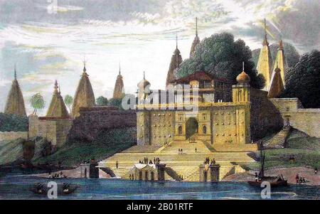 Indien: Hindu-Tempel, Benares. Farbstich, ca. 1850. Varanasi, auch bekannt als Banaras oder Benaras, ist eine Stadt am Ufer des Ganges im indischen Bundesstaat Uttar Pradesh, 320 Kilometer (199 mi) südöstlich der Hauptstadt Lucknow. Die Stadt wird von Hindus, Buddhisten und Jains als heilige Stadt angesehen. Es ist eine der ältesten durchgehend bewohnten Städte der Welt und die älteste in Indien. Der Kaschi Naresh (Maharaja von Kaschi) ist der wichtigste Kulturförderer von Varanasi und ein wesentlicher Bestandteil aller religiösen Feiern. Stockfoto