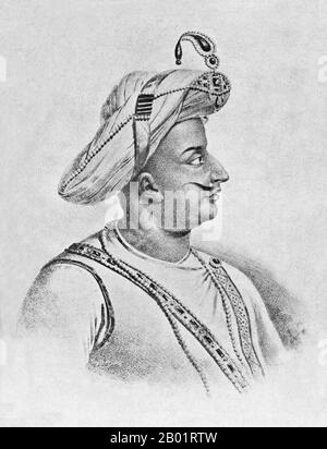 Indien: Tipu Sultan, Eine Andere Ansicht. Skizze aus C. Hayavadana Raos „Geschichte des Mysore, 1399 bis 1799, Band III“, 1792 (für Skizze) und 1943 (für Buch). Tipu Sultan (November 1750 bis 4. Mai 1799), auch bekannt als Tiger von Mysore, war de facto Herrscher des Königreichs Mysore. Er war der Sohn von Hyder Ali, damals Offizier der mysoreanischen Armee, und seiner zweiten Frau Fatima oder Fakhr-un-Nissa. Er erhielt eine Reihe von Ehrentiteln und wurde als Sultan Fateh Ali Khan Shahab, Tipu Saheb, Bahadur Khan Tipu Sultan oder Fatih Ali Khan Tipu Sultan Bahadur bezeichnet. Stockfoto