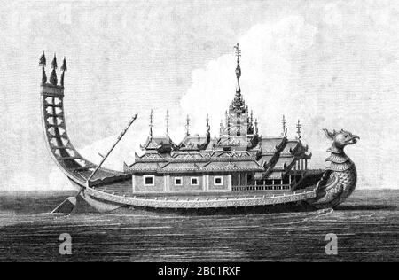 Birma/Myanmar: Shwe Phaungdawgyi oder Royal Golden Barge. Kupferstich von T. Medland aus einer Zeichnung von Singey Bey, 1799. Die Konbaung-Dynastie war die letzte Dynastie, die Birma (Myanmar) von 1752 bis 1885 regierte. Die Dynastie schuf das zweitgrößte Reich in der birmanischen Geschichte und setzte die Verwaltungsreformen fort, die von der Toungoo-Dynastie begonnen wurden, und legte den Grundstein für den modernen Staat Burma. Die Reformen erwiesen sich als unzureichend, um den Vormarsch der Briten einzudämmen, die die Burmesen in allen drei anglo-burmesischen Kriegen über einen Zeitraum von sechs Jahrzehnten (1824–1885) besiegten und die Jahrtausende alte burmesische Monarchie beendeten. Stockfoto