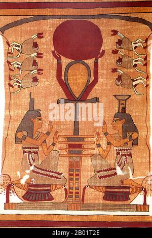 Ägypten: Anbetung des Sonnengottes Ra, dargestellt durch eine rote Scheibe, unterstützt von einem Ankh-Symbol für das Leben, während Isis, Nephthys und Paviane verehrt werden. Vignette aus dem Buch der Toten von Ani, Faksimile aus dem Jahr 1890, während das Originalkunstwerk aus dem Jahr 1300 v. Chr. stammt. RA ist der altägyptische Sonnengott. In der fünften Dynastie war er eine große Gottheit in der altägyptischen Religion geworden, die sich vor allem mit der Mittagssonne identifiziert hatte. Die Bedeutung des Namens ist ungewiss, aber es wird angenommen, dass es sich, wenn es nicht um ein Wort für Sonne handelt, um eine Variante von Wörtern, die „kreative Macht“ und „Schöpfer“ bedeuten, oder damit verknüpft ist. Stockfoto