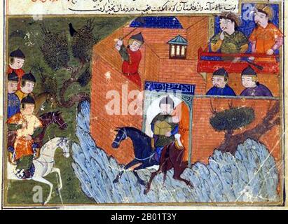 Iran/Persien: "Die Eroberung Alamuts (1256)". Miniaturmalerei aus dem Jami' al-Tawarikh von Rashid al-DIN (1247-1318), um 1305 n. Chr. Alamut war eine Bergfestung in der südkaspischen Provinz Daylam in der Nähe der Rudbar-Region im Iran, etwa 100 Kilometer (60 mi) vom heutigen Teheran entfernt. Der Name bedeutet „Adlernest“. Unter der Führung von Hasan-i Sabbah wurde Alamut zwischen 1090 und 1256 n. Chr. zum Ort intensiver Aktivitäten für die schiitischen Nizari-Ismaili-Muslime, zusammen mit einer kleineren Untergruppe namens Assassins. Stockfoto