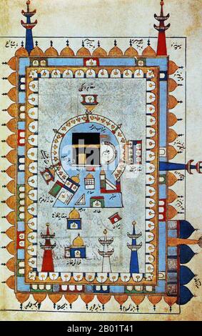 Saudi-Arabien/Iran/Persien: Eine Karte oder ein Diagramm, das die Ka'ba oder Kaaba im Herzen des Masjid al-Haram in Mekka zeigt. Aus 'Futuh al-Haramayn' (Triumph der Heiligen Orte) von Muhyi al-DIN Abd al-Rahman al-Lari al-Ansari, um 1527. Die Kaaba oder Qaaba (der Würfel) ist ein quaderförmiges Gebäude in Mekka, Saudi-Arabien, und ist die heiligste Stätte im Islam. Im Koran heißt es, dass die Ka'ba von Abraham (Ibrahim auf Arabisch) und seinem Sohn Ismael (Ismail auf Arabisch) gebaut wurde, nachdem dieser sich in Arabien niedergelassen hatte. Um das Gebäude herum wurde eine Moschee gebaut, die Masjid al-Haram. Stockfoto