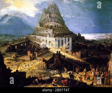 Belgien/Irak/Mesopotamien: "Der Turm von Babel". Öl auf Kupfermalerei von Hendrick Van Cleve (ca. 1525-1589), ca. 1560-1580. Der Turm von Babel war nach dem Buch Genesis ein riesiger Turm, der in der Ebene von Shinar errichtet wurde. Nach der biblischen Erzählung kam eine vereinte Menschheit der Generationen nach der Großen Flut, die eine einzige Sprache sprach und aus dem Osten auswanderte, ins Land Shinar, wo sie beschlossen, eine Stadt mit einem Turm zu bauen, „mit seiner Spitze im Himmel... damit wir nicht auf der Erde verstreut werden“. Stockfoto