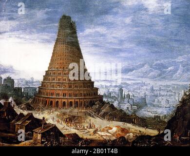 Belgien/Irak/Mesopotamien: "Das Gebäude des Turms von Babel". Ölgemälde von Pieter Bruegel dem Jüngeren (10. Oktober 1564 - 1638), 17. Jahrhundert. Der Turm von Babel war nach dem Buch Genesis ein riesiger Turm, der in der Ebene von Shinar errichtet wurde. Nach der biblischen Erzählung kam eine vereinte Menschheit der Generationen nach der Großen Flut, die eine einzige Sprache sprach und aus dem Osten auswanderte, ins Land Shinar, wo sie beschlossen, eine Stadt mit einem Turm zu bauen, „mit seiner Spitze im Himmel... damit wir nicht auf der Erde verstreut werden“. Stockfoto