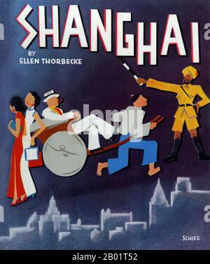 China: Titelbild von 'Shanghai', von Ellen Thorbecke mit Skizzen von Friedrich Schiff (Shanghai, 1940). Buchcover des österreichischen Künstlers Friedrich Schiff, der in den 1930er und 1940er Jahren in Shanghai lebte Seine Bilder veranschaulichen die Atmosphäre und den Nachlass, die das alte Shanghai auszeichnete und die durch die japanische Invasion (1937) und die kommunistische Revolution (1949) bald zu einem abrupten Ende gebracht werden sollte. Stockfoto