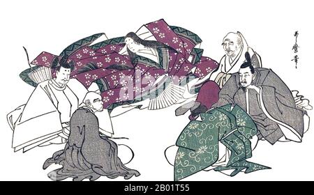 Japan: Lady Murasaki Shikibu (ca. 973–1025), Dichterin und Schriftstellerin im Gespräch mit fünf männlichen Hofdichtern. Holzschnitt von Utagawa Kitamaro (1753 - 31. Oktober 1806), ca. 1795-1806. Murasaki Shikibu war eine japanische Schriftstellerin, Dichterin und Hofdame während der Heian-Zeit. Sie ist bekannt als die Autorin der Geschichte von Genji, die zwischen 1000 und 1012 auf Japanisch geschrieben wurde. Murasaki Shikibu ist ein Spitzname; ihr richtiger Name ist unbekannt, aber sie könnte Fujiwara Takako gewesen sein, die 1007 in einem Tagebuch des Hofes als kaiserliche Dame in Warten erwähnt wurde. Stockfoto