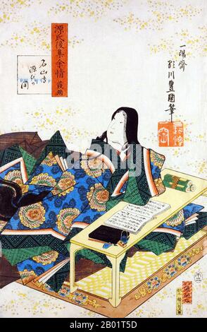 Japan: Lady Murasaki Shikibu (ca. 973–1025), Dichterin und Schriftstellerin, schreibt an ihrem Schreibtisch. Ukiyo-e Holzschnitt von Utagawa Kunisada (1786 - 12. Januar 1865), ca. 1858. Murasaki Shikibu war eine japanische Schriftstellerin, Dichterin und Hofdame während der Heian-Zeit. Sie ist bekannt als die Autorin der Geschichte von Genji, die zwischen 1000 und 1012 auf Japanisch geschrieben wurde. Murasaki Shikibu ist ein Spitzname; ihr richtiger Name ist unbekannt, aber sie könnte Fujiwara Takako gewesen sein, die 1007 in einem Tagebuch des Hofes als kaiserliche Dame in Warten erwähnt wurde. Stockfoto