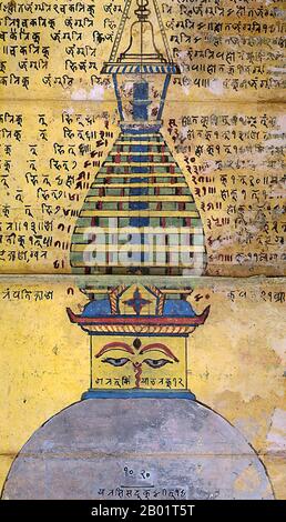 Nepal: Ein nepalesisches Gemälde der großen Stupa im Swayambhunath-Tempel, Kathmandu, 18. Jahrhundert. Swayambhunath ist ein alter religiöser Komplex auf einem Hügel im Kathmandu-Tal, westlich der Stadt Kathmandu. Er ist auch als Affentempel bekannt, da es heilige Affen gibt, die in Teilen des Tempels im Nordwesten leben. Der tibetische Name für die Stätte bedeutet „erhabene Bäume“ (Wylie:Phags.PA Shing.kun), wegen der vielen Arten von Bäumen, die auf dem Hügel zu finden sind. Stockfoto