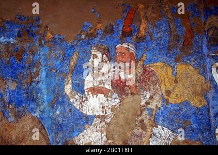 Usbekistan: Fahrer. Detail aus einem Abschnitt der Wandgemälde von Afrasiab, um 850 n. Chr. Das Afrasiab-Gemälde ist ein seltenes Beispiel sogdischer Kunst. Sie wurde 1965 entdeckt, als die lokalen Behörden beschlossen, eine Straße durch die Mitte des Hügels von Afrāsiāb zu bauen, dem alten Gelände des vormongolischen Samarkand. Sie ist heute in einem speziellen Museum auf dem Hügel von Afrāsiāb erhalten. Es ist das Hauptgemälde der antiken sogdischen Kunst. Das Gemälde stammt aus der Mitte des 7. Jahrhunderts n. Chr. Stockfoto