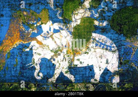 Usbekistan: Ein Elefantenreiter. Detail aus einem Abschnitt der Wandgemälde von Afrasiab, um 850 n. Chr. Das Afrasiab-Gemälde ist ein seltenes Beispiel sogdischer Kunst. Sie wurde 1965 entdeckt, als die lokalen Behörden beschlossen, eine Straße durch die Mitte des Hügels von Afrāsiāb zu bauen, dem alten Gelände des vormongolischen Samarkand. Sie ist heute in einem speziellen Museum auf dem Hügel von Afrāsiāb erhalten. Es ist das Hauptgemälde der antiken sogdischen Kunst. Das Gemälde stammt aus der Mitte des 7. Jahrhunderts n. Chr. Stockfoto