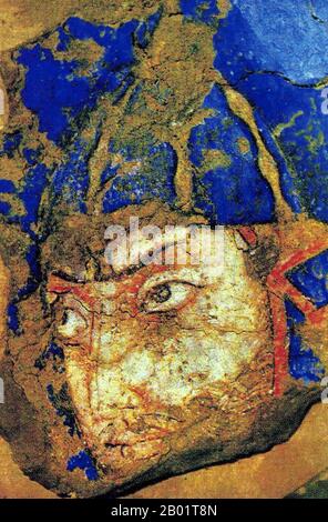 Usbekistan: Detail aus einem Abschnitt der Wandmalereien von Afrasiab, um 850 n. Chr. Das Afrasiab-Gemälde ist ein seltenes Beispiel sogdischer Kunst. Sie wurde 1965 entdeckt, als die lokalen Behörden beschlossen, eine Straße durch die Mitte des Hügels von Afrāsiāb zu bauen, dem alten Gelände des vormongolischen Samarkand. Sie ist heute in einem speziellen Museum auf dem Hügel von Afrāsiāb erhalten. Es ist das Hauptgemälde der antiken sogdischen Kunst. Das Gemälde stammt aus der Mitte des 7. Jahrhunderts n. Chr. Stockfoto