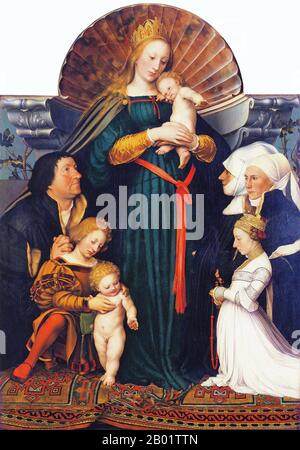 Deutschland: "Darmstadt Madonna". Öl auf Lindenholzgemälde von Hans Holbein dem Jüngeren (1497-1543), um 1525. Hans Holbein der Jüngere war ein deutsch-schweizerischer Maler und Printmacher des Nördlichen Renaissance-Stils, der von vielen als einer der größten Porträtisten des 16. Jahrhunderts angesehen wurde. Zu seinen Werken zählte auch reformatorische Propaganda, religiöse Kunst und Satire, und er war ein einflussreicher Autor der Geschichte des Buchdesigns. Er war auch King’s Painter to Heinrich VIII. Von England, seine Porträts der königlichen Familie und des Adels eine wichtige erhaltene Aufzeichnung des englischen Hofes. Stockfoto