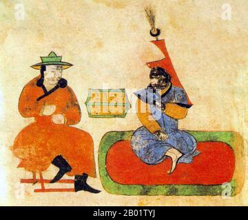 Mongolei/Iran/Persien: Bartan Baghatur und Sunigil Fudjin, die Großeltern von Dschingis Khan. Ilchaniden-Miniaturmalerei, ca. Anfang des 14. Jahrhunderts. Dschingis Khan (1162–1227), geboren als Borjigin Temujin, war der Gründer, Khan (Herrscher) und Khagan (Kaiser) des mongolischen Reiches, das nach seinem Tod das größte zusammenhängende Reich der Geschichte wurde. Er kam an die Macht, indem er viele der nomadischen Stämme Nordostasiens vereinte. Nach der Gründung des mongolischen Reiches und der Ausrufung des „Dschingis Khan“ begann er die mongolischen Invasionen, die letztlich zur Eroberung des größten Teils Eurasiens führten. Stockfoto