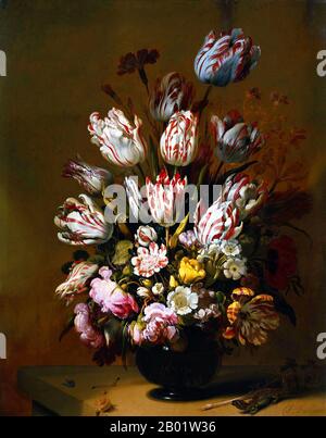 Niederlande / Holland: Stillleben mit Blumen. Öl auf Tafelgemälde von Hans Bollongier (Fl. 1623-1672), 1639, mit der Tulpe „Semper Augustus“, Sternblüte des Phänomens „Tulipomania“. Tulpenmanie oder Tulipomania (niederländische Namen sind: Tulpenmanie, Tulpomanie, Tulpenwoede, Tulpengekte und bollengekte) war eine Periode im niederländischen Goldenen Zeitalter, in der die Vertragspreise für Zwiebeln der kürzlich eingeführten Tulpe außergewöhnlich hoch erreichten und dann plötzlich zusammenbrachen. Stockfoto
