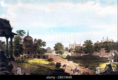 Indien: Ein Blick auf die Gräber von Secundrii (Sikandra) bei Agra. Farbätzung von William Hodges (1744-1797), 1788. Das Grabmal des Dritten Mogulkaisers Akbar (R. 1556–1605) ist ein wichtiges architektonisches Meisterwerk des Moguls, das 1605-1613 erbaut wurde und auf einem 119 Hektar großen Grundstück in Sikandra, einem Vorort von Agra, Uttar Pradesh, liegt. Kaiser Akbar selbst begann seinen Bau um 1600, nach zentralasiatischer Tradition, mit dem Bau seines Grabes zu Lebzeiten zu beginnen. Akbar selbst plante sein eigenes Grab und wählte einen geeigneten Ort für es aus. Er wurde von seinem Sohn Jahangir fertiggestellt. Stockfoto