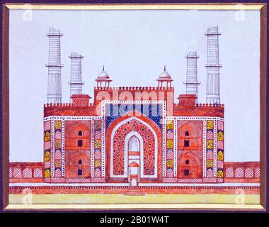 Indien: Das Mausoleum des Mogul-Kaisers Akbar aus dem frühen 17. Jahrhundert. Aquarellmalerei der East India Company, ca. 1820-1829. Das Grabmal des Dritten Mogulkaisers Akbar (R. 1556–1605) ist ein wichtiges architektonisches Meisterwerk des Moguls, das 1605-1613 erbaut wurde und auf einem 119 Hektar großen Grundstück in Sikandra, einem Vorort von Agra, Uttar Pradesh, Indien, liegt. Kaiser Akbar selbst begann seinen Bau um 1600, nach zentralasiatischer Tradition, mit dem Bau seines Grabes zu Lebzeiten zu beginnen. Akbar selbst plante sein eigenes Grab und wählte einen geeigneten Ort aus. Er wurde von seinem Sohn fertiggestellt. Stockfoto