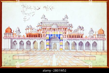 Indien: Das Mausoleum des Mogul-Kaisers Akbar aus dem frühen 17. Jahrhundert. Aquarellmalerei der East India Company, ca. 1820-1829. Das Grabmal des Dritten Mogulkaisers Akbar (R. 1556–1605) ist ein wichtiges architektonisches Meisterwerk des Moguls, das 1605-1613 erbaut wurde und auf einem 119 Hektar großen Grundstück in Sikandra, einem Vorort von Agra, Uttar Pradesh, Indien, liegt. Kaiser Akbar selbst begann seinen Bau um 1600, nach zentralasiatischer Tradition, mit dem Bau seines Grabes zu Lebzeiten zu beginnen. Akbar selbst plante sein eigenes Grab und wählte einen geeigneten Ort aus. Er wurde von seinem Sohn fertiggestellt. Stockfoto