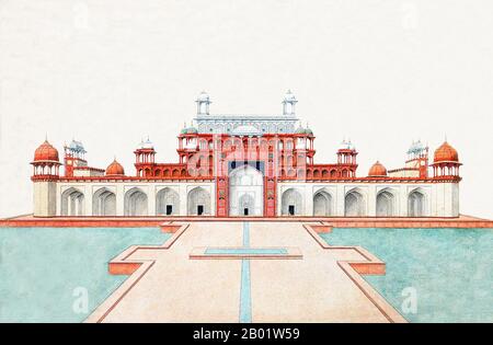 Indien: Das Mausoleum des Mogul-Kaisers Akbar aus dem frühen 17. Jahrhundert. Aquarellmalerei der East India Company, 19. Jahrhundert. Das Grabmal des Dritten Mogulkaisers Akbar (R. 1556–1605) ist ein wichtiges architektonisches Meisterwerk des Moguls, das 1605-1613 erbaut wurde und auf einem 119 Hektar großen Grundstück in Sikandra, einem Vorort von Agra, Uttar Pradesh, Indien, liegt. Kaiser Akbar selbst begann seinen Bau um 1600, nach zentralasiatischer Tradition, mit dem Bau seines Grabes zu Lebzeiten zu beginnen. Akbar selbst plante sein eigenes Grab und wählte einen geeigneten Ort aus. Er wurde von seinem Sohn fertiggestellt. Stockfoto