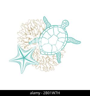 Marines Kunstliniendesign, Vektor-Meeresschildkröte im Mosaikstil, Sketchkorallen und Seesterne. Meer- und Meerwasserleben, tropisches Paradies und maritimes Linienbild in Gold- und Türkisfarbe Stock Vektor