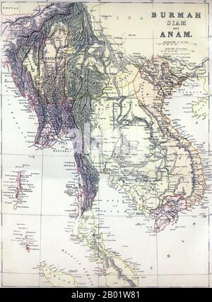 Südostasien: Burmah, Siam und Anam. Karte des Großraums Indochina und des westlichen Teils des malaiisch-indonesischen Archipels, 1886. Eine politische Karte des südostasiatischen Festlandes einschließlich Birma, Thailand, Laos, Kambodscha und Vietnam sowie der Halbinsel Malaysia, der Andamanen und der Nikobar; und ein Teil von Sumatra, das anscheinend kurz vor dem 3. Anglo-birmanischen Krieg (1885-1886) veröffentlicht wurde, der die burmesische Unabhängigkeit auslöschen würde, zeigt das 'unabhängige Birma' in einem ungefähren Rechteck um Mandalay. Im Osten liegt das „unabhängige Shan-Land“, das die birmanischen Shan-Staaten umfasst. Stockfoto