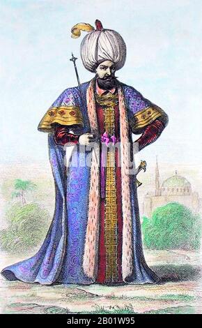 Türkei/Frankreich: Osmanischer Sultan Suleyman der prächtige (6. November 1494 bis 7. September 1566). Illustration von Joseph Marie Jouannin (1783-1844), um 1840. Sultan Suleyman I. (R. 1520–1566), auch bekannt als „Suleyman the Magnificent“ und „Suleyman the Lawmaker“, war der 10. Und längste regierende Sultan des Osmanischen Reiches. Er führte seine Armeen persönlich an, um Siebenbürgen, das Kaspische Land, einen Großteil des Nahen Ostens und den Maghreb zu erobern. Suleyman führte weitreichende Reformen in der türkischen Gesetzgebung, im Bildungswesen, im Steuerrecht und im Strafrecht ein und wurde als Dichter und Goldschmied hoch respektiert. Stockfoto