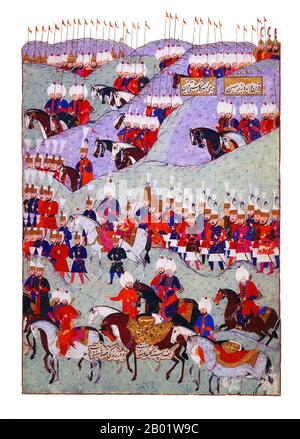 Türkei: Beerdigung von Sultan Suleyman dem Großen (6. November 1494 bis 6. September 1566). Osmanisches Miniaturgemälde (rechte Platte) von Matrakci Nasuh, 1579. Sultan Suleyman I. (R. 1520–1566), auch bekannt als „Suleyman the Magnificent“ und „Suleyman the Lawmaker“, war der 10. Und längste regierende Sultan des Osmanischen Reiches. Er führte seine Armeen persönlich an, um Siebenbürgen, das Kaspische Land, einen Großteil des Nahen Ostens und den Maghreb zu erobern. Suleyman führte weitreichende Reformen in der türkischen Gesetzgebung, im Bildungswesen, im Steuerrecht und im Strafrecht ein und wurde als Dichter und Goldschmied hoch respektiert. Stockfoto