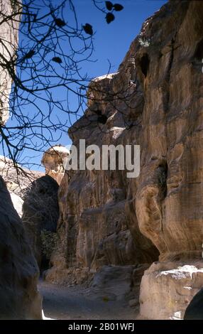 Jordanien: Der Siq (Schacht), der zur antiken Stadt Petra führt. Der Siq oder al-Siq („der Schacht“) ist der Haupteingang zur antiken Stadt Petra im südlichen Jordanien. Die dunkle, schmale Schlucht (an einigen Stellen nicht mehr als 3 Meter breit) windet sich etwa 1,5 km und endet bei Petras aufwändigster Ruine, Al Khazneh (die Schatzkammer). Petra wurde im 4. Jahrhundert v. Chr. von den nabatäischen Arabern als Stadt gegründet und verdankt seine Geburt und seinen Wohlstand der Tatsache, dass es der einzige Ort mit klarem und reichlich Wasser zwischen den Hijaz-Handelszentren Mekka und Medina war. Stockfoto