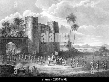 Jemen: Burg des Sultaun von Aden in Lahadj. Stich von Charles Heath (1785-1848) nach Henry Salt (1780-1827), um 1814. Lahaj, Lahij oder Lahej ist eine Stadt und ein Gebiet zwischen Ta'izz und Aden im Jemen. Vom 18. Bis zum 20. Jahrhundert gehörten die Herrscher der Familie Al-Abdali, die eine Beziehung zu Ahl al-Bayt (der Familie des Propheten Muhammad) beanspruchten. Lahij war bis 1967 die Hauptstadt des Sultanats Lahej, einem Protektorat des Britischen Reiches, als der Sultan vertrieben wurde und die Stadt Teil der Volksrepublik Südjemen wurde. Stockfoto
