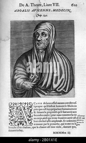 Usbekistan/Frankreich: Abū ʿAlī al-Ḥusayn ibn ʿAbd Allāh ibn Sīnā (ca. 980–1037), allgemein bekannt als Ibn Sīnā oder unter seinem lateinischen Namen Avicenna. Stich von André Théve (1504-1592), 16. Jahrhundert. Ibn Sīnā war ein persischer Polymath, der fast 450 Abhandlungen zu einer Vielzahl von Themen schrieb, von denen etwa 240 überlebt haben. 150 seiner überlieferten Abhandlungen konzentrieren sich insbesondere auf Philosophie, 40 davon auf Medizin. Seine berühmtesten Werke sind „The Book of Healing“, eine umfangreiche philosophische und wissenschaftliche Enzyklopädie, und „The Canon of Medicine“, die zu einem medizinischen Standardtext wurde. Stockfoto