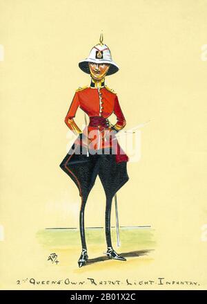 Indien: Offizier der 2. Queen Victoria's eigenen Rajput Light Infanterie. Gouachemalerei im Karikaturstil von Godfrey Herbert Brennan (1875-1948), 1910. Das 2. Rajput wurde 1798 von der British East India Company als Bengal Native Battalion gegründet und 1876 mit der Deklaration von Königin Victoria zur Kaiserin von Indien unter königliche Autorität gestellt. Das Regiment diente in Feldzügen wie dem Zweiten Afghanischen Krieg, dem Boxeraufstand und dem Ersten Weltkrieg, bevor es 1922 mit fünf weiteren Rajput-Regimentern zusammengelegt wurde. Stockfoto