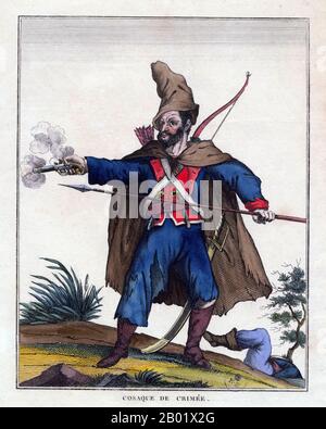 Ukraine/Russland/Frankreich: "Cosaque de Crimée" - Kosaken der Krim. Chez Jean, Paris, 1814. Kosaken sind eine Gruppe von überwiegend ostslawischen Menschen, die ursprünglich Mitglieder demokratischer, halbmilitärischer Gemeinschaften in der Ukraine und Südrussland waren. Sie besiedelten dünn besiedelte Gebiete und Inseln im unteren Dnipser- und Don-Becken und spielten eine wichtige Rolle in der historischen Entwicklung der Ukraine und Russlands. Die Ursprünge der ersten Kosaken sind umstritten. Die traditionelle Geschichtsschreibung datiert die Entstehung der Kosaken auf das 14. Bis 15. Jahrhundert. Stockfoto