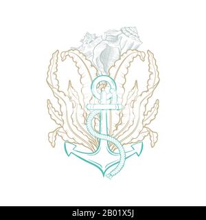 Meer- und Meereskunst, Vektorskizze abstraktes Unterwasserkunstdesign. Ozeanseehell, Schiffsanker mit Seil in Algenseetang, nautisches Kunstwerk und Unterseedekor, Tätowierung in goldener und grüner Linie Stock Vektor