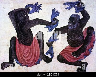 Zentralasien: Dämonen tanzen in der Wüste. Siyah Kalem Schule, 15. Jahrhundert. Siyah Kalem oder „Black Pen“ ist der Name der Malschule aus dem 15. Jahrhundert, die Mehmed Siyah Kalem zugeschrieben wird. Über sein Leben ist nichts bekannt, aber sein Werk deutet darauf hin, dass er zentralasiatischer türkischer Herkunft war und mit Lager- und Militärleben bestens vertraut war. Die Gemälde erscheinen in den „Eroberer-Alben“, die so benannt sind, weil zwei Porträts von Sultan Mehmed II. Dem Eroberer in einem davon zu sehen sind. Die Alben bestehen aus Miniaturen aus Manuskripten des 14., 15. Und frühen 16. Jahrhunderts. Stockfoto