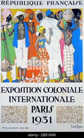 Frankreich: Ein Poster für die Ausstellung Coloniale Internationale, Paris, 1931. Joseph de la Nézière (5. August 1873 bis 15. April 1944), 1928. Die Paris Colonial Exhibition (oder „Exposition coloniale internationale“) war eine sechsmonatige Kolonialausstellung, die 1931 in Paris stattfand und in der versucht wurde, die vielfältigen Kulturen und immensen Ressourcen des französischen Kolonialbesitzes zu präsentieren. Stockfoto