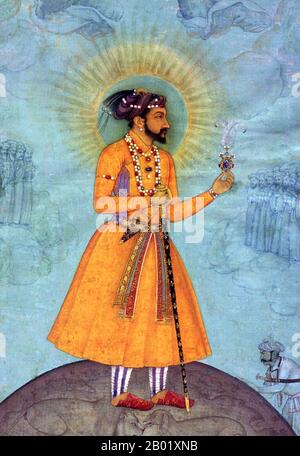 Indien: Der Bundela-Herrscher Jujhar Singh Ju Deo oder Orchha-Königreich (R. 1627–1636) unterwirft sich Kaiser Shah Jahan (5. Januar 1592–22. Januar 1666). Mogulminiaturgemälde von Bichitr (-1660), um 1630 Shahab-ud-din Muhammad Khurram Shah Jahan I. oder Shah Jahan, aus dem Persischen, was „König der Welt“ bedeutet, war der fünfte Mogulherrscher in Indien und ein Favorit seines legendären Großvaters Akbar dem Großen. Er ist vor allem dafür bekannt, dass er die „Phadshahnamah“ als Chronik seiner Herrschaft in Auftrag gab und dass er das Taj Mahal in Agra als Grab für seine Frau Mumtaz Mahal errichtete. Stockfoto