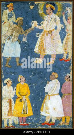 Indien: Kaiser Jahangir (20. September 1569 bis 8. November 1627) erhält eine Petition von einem Fakir oder Wandermendicant. Mogulmalerei, ca. 1605-1627. Jahangir war von 1605 bis zu seinem Tod 1627 Herrscher des Mogulreichs. Als Prinz Muhammad Salim geboren, war er der dritte und älteste überlebende Sohn des Mogul-Kaisers Akbar. Akbars Zwillingssöhne Hasan und Hussain starben im Kindesalter. Seine Mutter war die Rajput Prinzessin von Amber, Jodhabai. Stockfoto