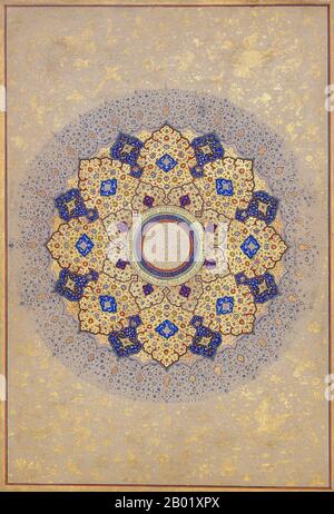 Indien: Rosette mit den Namen und Titeln von Shah Jahan. Folio from the Shah Jahan Album, ca. 1645. Schahab-ud-din Muhammad Khurram Schah Jahan I. (1592–1666) oder Schah Jahan, vom Persischen, was „König der Welt“ bedeutet, war der fünfte Mogulherrscher in Indien und ein Favorit seines legendären Großvaters Akbar dem Großen. Er ist vor allem dafür bekannt, dass er die „Phadshahnamah“ als Chronik seiner Herrschaft in Auftrag gab und dass er das Taj Mahal in Agra als Grab für seine Frau Mumtaz Mahal errichtete. Unter Shah Jahan erreichte das Mogul-Reich seine höchste einheit an Stärke und Herrlichkeit. Stockfoto