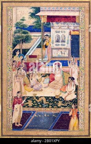 Indien: Mogul-Kaiser Jahangir und Prinz Khurram werden von Kaiserin nur Jahan unterhalten. Miniaturmalerei Aquarell, ca. 1640-1650. Jahangir war von 1605 bis zu seinem Tod 1627 Herrscher des Mogulreichs. Als Prinz Muhammad Salim geboren, war er der dritte und älteste überlebende Sohn des Mogul-Kaisers Akbar. Akbars Zwillingssöhne Hasan und Hussain starben im Kindesalter. Seine Mutter war die Rajput Prinzessin von Amber, Jodhabai. Stockfoto