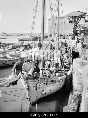 Palästina: Ein Küstenboot, das von palästinensischen Männern in Jaffa um 1910 mit Orangen beladen wurde. Palästina ist ein Name für die geografische Region zwischen dem Mittelmeer und dem Jordan. Die Region ist auch als das Land Israel, das Heilige Land und die Südlevante bekannt. 1832 wurde Palästina von Mohammed Alis Ägypten erobert, aber 1840 intervenierte Großbritannien und gab die Kontrolle über die Levante an die Osmanen zurück, als Gegenleistung für weitere Kapitulationen. Am Ende des 19. Jahrhunderts begann die zionistische Einwanderung und die Wiederbelebung der hebräischen Sprache. Stockfoto