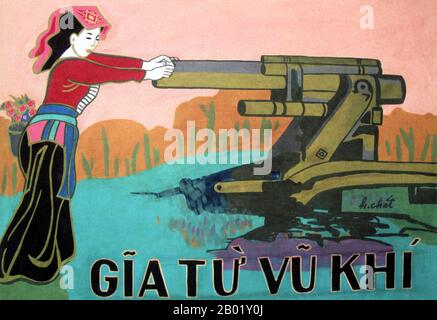 Vietnam: Kommunistisches Propagandaplakat - "ein Ende der Rüstung". Der zweite Indochina-Krieg, in Amerika auch Vietnam-Krieg genannt, war ein militärischer Konflikt aus der Zeit des Kalten Krieges, der sich vom 1. November 1955 bis zum Fall Saigons am 30. April 1975 in Vietnam, Laos und Kambodscha ereignete. Dieser Krieg folgte dem ersten Indochina-Krieg und wurde zwischen Nordvietnam, unterstützt von seinen kommunistischen Verbündeten, und der Regierung Südvietnams, unterstützt von den USA und anderen antikommunistischen Nationen, geführt. Die US-Regierung betrachtete die Beteiligung am Krieg als eine Möglichkeit, eine kommunistische Übernahme Südvietnams zu verhindern. Stockfoto