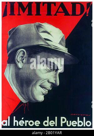Spanien: Der anarchistische Führer Buenaventura Durruti (14. Juli 1896 bis 20. November 1936), „Held des Volkes“, 1936. José Buenaventura Durruti Dumange war eine zentrale Figur des spanischen Anarchismus in der Zeit vor und einschließlich des Spanischen Bürgerkriegs. Der Anarchismus hat in Spanien historisch mehr Unterstützung und Einfluss gewonnen als anderswo, vor allem vor Francisco Francos Sieg im Spanischen Bürgerkrieg von 1936 bis 1939. Stockfoto
